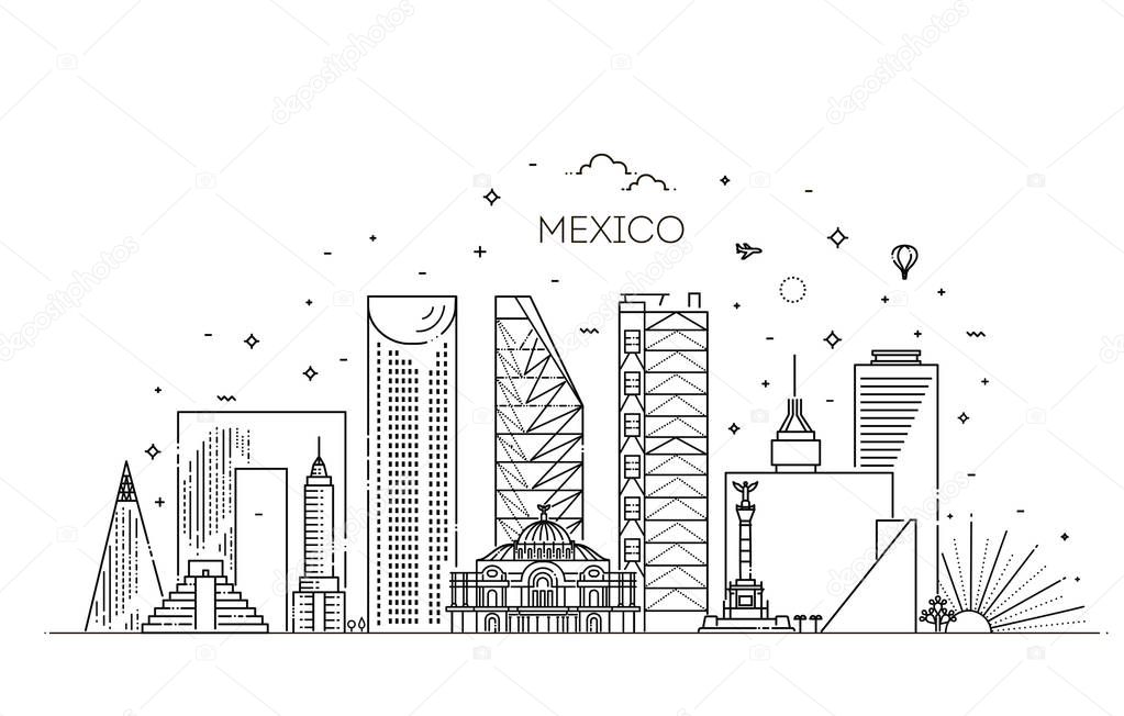 Mexico city skyline on a white background. Flat vector illustration