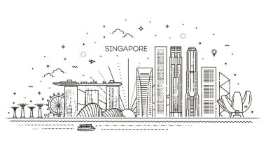 Singapur mimari satır manzarası illüstrasyon. Doğrusal vektör cityscape ünlü simge ile