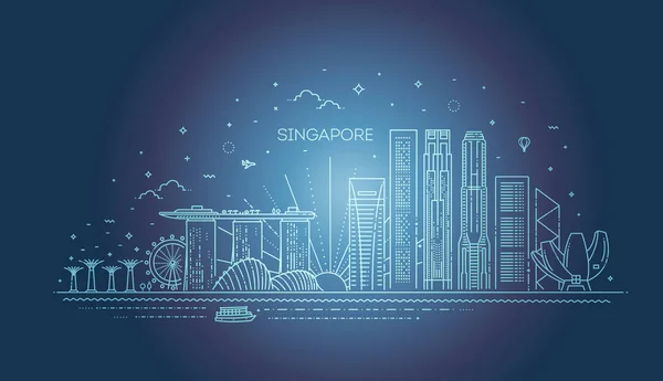 シンガポール建築線スカイラインの図。有名なランドマークと線形ベクトル都市景観 — ストックベクタ