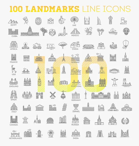 간단한 선형 벡터 아이콘 대표 하는 세계적인 관광 명소를 설정 하 고 휴가 위한 여행 목적지 — 스톡 벡터
