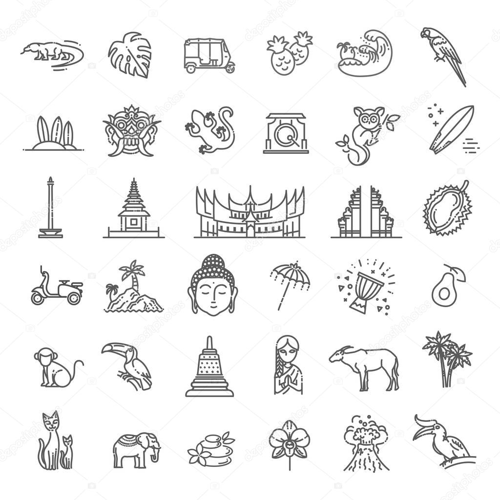 Indonesia icons set. Attractions, line design. Tourism in Indonesia, isolated vector illustration. Traditional symbols