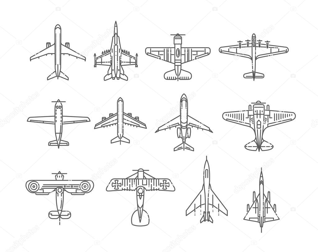 Modern types of planes. Large and small passenger aircraft. Air transport. Vector illustration in flat style