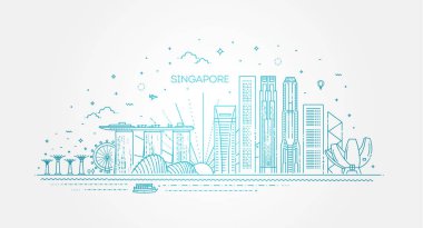 Singapur mimari satır manzarası illüstrasyon. Doğrusal vektör cityscape ünlü simge ile