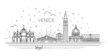 Venedik şehri, tüm ünlü binaları ile Line Art Vector illüstrasyon