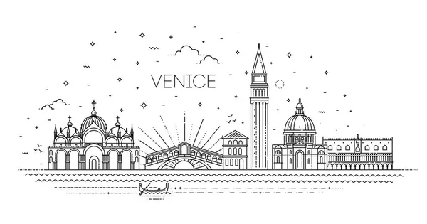 Venecia ciudad, Line Art Vector ilustración con todos los edificios famosos — Vector de stock