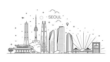Seoul architecture line skyline illustration. Linear vector cityscape with famous landmarks clipart