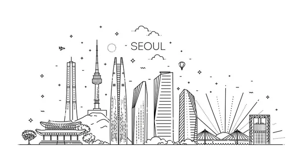 Иллюстрация линии горизонта сеульской архитектуры. Линейный векторный городской пейзаж с известными достопримечательностями — стоковый вектор