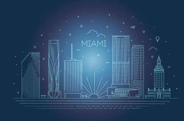 Miami skyline de la ciudad, ilustración del vector, diseño plano — Vector de stock
