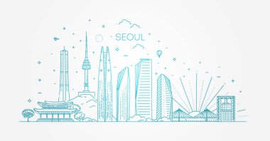 Seul mimarisi hattı silueti. Anahat vektör illüstrasyonu