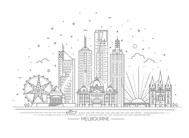 Melbourne Avustralya Şehri, Beyaz Arkaplan 'da Skyline. Vektör İllüstrasyonu