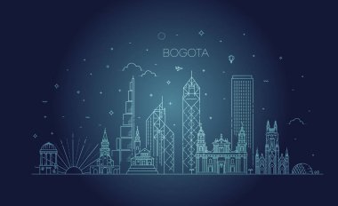 Bogota Mimari Çizgisi ufuk çizgisi çizimi. Ünlü simgeleri olan doğrusal vektör şehir manzarası