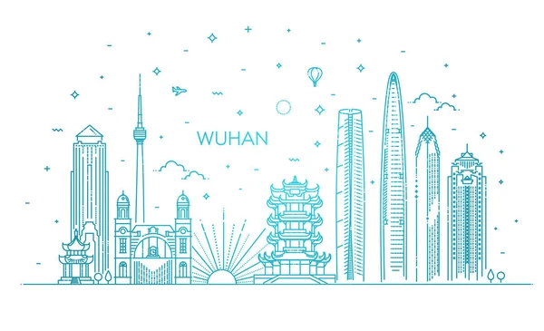 Outline Wuhan China City Skyline. Vector Illustration — 스톡 벡터