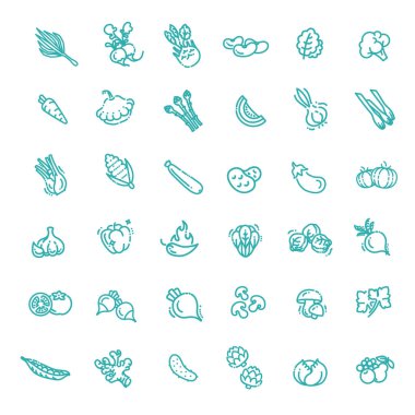 Temel sebzeler ince çizgi ikonu seti. Sebze koleksiyonu