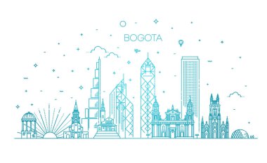 Bogota Mimari Çizgisi ufuk çizgisi çizimi. Ünlü simgeleri olan doğrusal vektör şehir manzarası