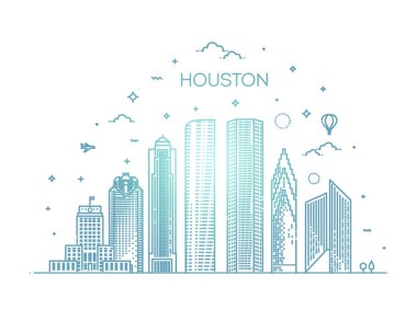 Houston şehir silueti, vektör çizimi doğrusal olarak. Teksas, Birleşik Devletler