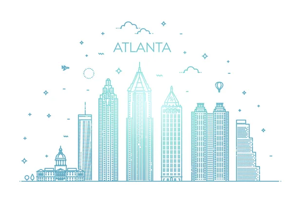 Illustration de la ligne d'architecture Atlanta. Paysage urbain vectoriel linéaire avec des monuments célèbres — Image vectorielle
