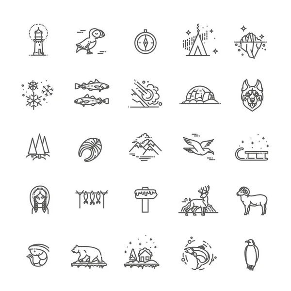 Conjunto de iconos árticos de línea delgada, ilustración vectorial de logotipos de contorno del Polo Norte — Vector de stock