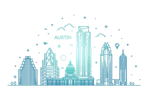 Austin linea di architettura skyline illustrazione. Paesaggio urbano vettoriale lineare con monumenti famosi — Vettoriale Stock