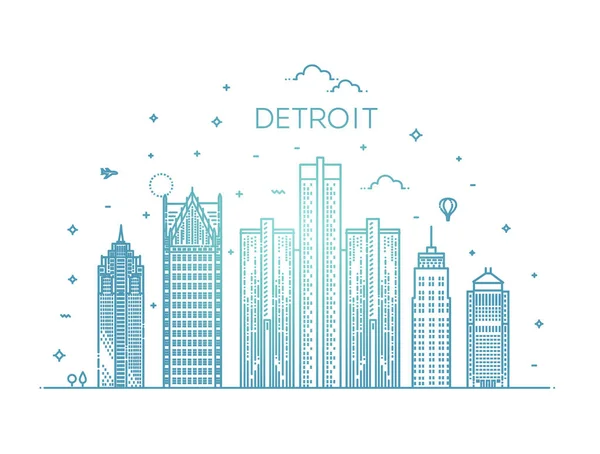 Michigan, Detroit. O horizonte da cidade. Arquitetura, edifícios, paisagem, panorama, marcos, ícones —  Vetores de Stock