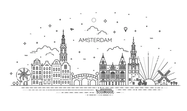 Amszterdam utazási mérföldkő a történelmi épület vékony vonal ikon — Stock Vector