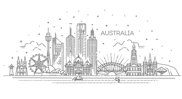 ภาพประกอบเส้นขอบฟ้าของสถาปัตยกรรมออสเตรเลีย ภูมิทัศน์เมืองเวกเตอร์เชิงเส้นที่มีสถานที่สําคัญที่มีชื่อเสียง — ภาพเวกเตอร์สต็อก