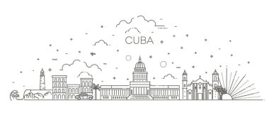 Küba mimari çizgisi ufuk çizgisi çizimi. Ünlü simgeleri olan doğrusal vektör şehir manzarası