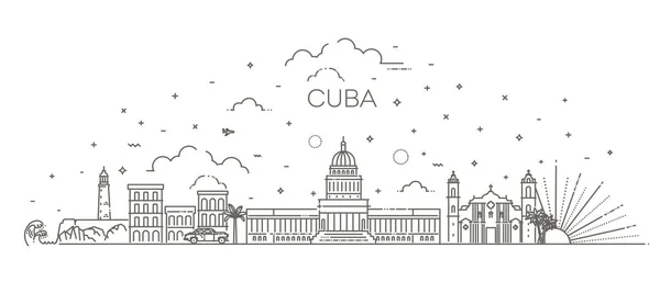 古巴建筑线条天际线图解。具有著名地标的线性矢量城市景观 — 图库矢量图片
