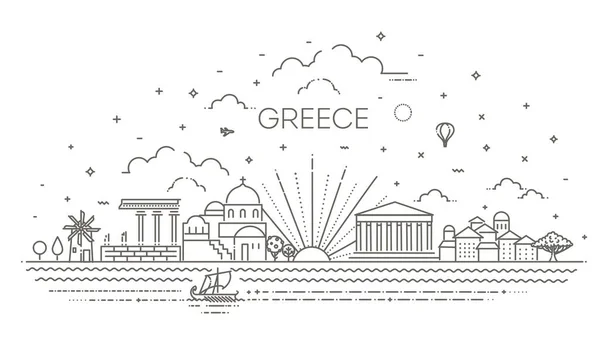 ギリシャのスカイライン、線形スタイルのベクトルイラスト — ストックベクタ