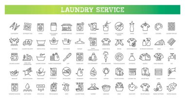 Deterjan, kumaş yumuşatıcı, çamaşır suyu, leke çıkarıcı, çamaşır makinesi, kurutma makinesi ve çamaşır ipiyle çamaşır ikonu seti