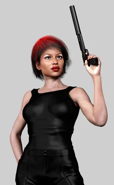 Una Hermosa Mujer Afroamericana Cuero Sostiene Arma Esperando Para Asesinar — Foto de Stock