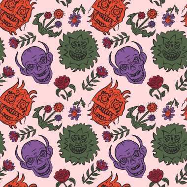 Ürkütücü kafatasları, tüyler ürpertici canavarları ve renkli çiçekleri olan kusursuz el çizimi desen. Cadılar Bayramı partileri için mükemmel, Da de los Muertos, gotik tekstil tasarımı, alternatif moda, ambalaj kağıdı, davetiyeler, duvar kağıtları.