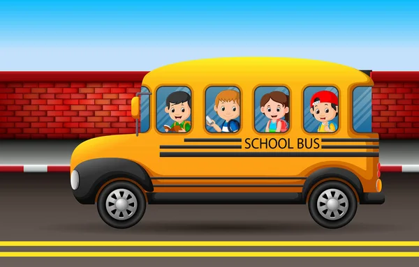 Πολλά Παιδιά Ένα Σχολικό Λεωφορείο — Διανυσματικό Αρχείο