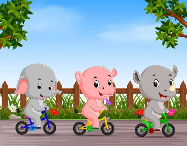 Animales Divertidos Bicicleta Camino — Vector de stock