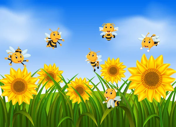 Pszczoły Ogrodzie Słonecznik — Wektor stockowy