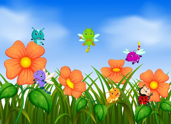 Birçok Böcek Çiçek Bahçesinde Uçan — Stok Vektör