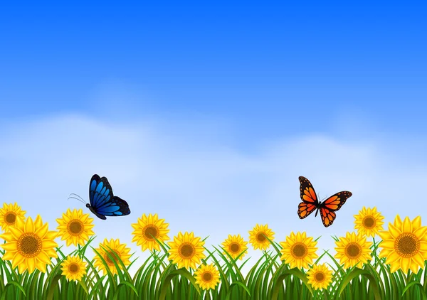 Dos Mariposas Volando Jardín Girasol — Vector de stock