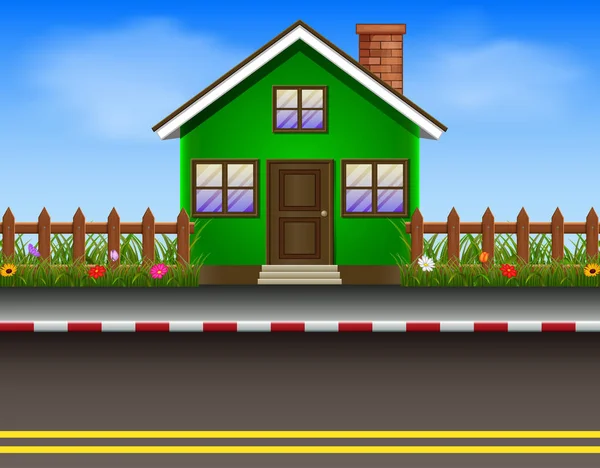 Casa Verde Con Recinzione Legno Strada — Vettoriale Stock