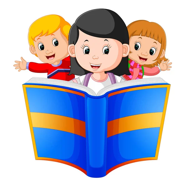 Children Reading Big Book — Stock Vector