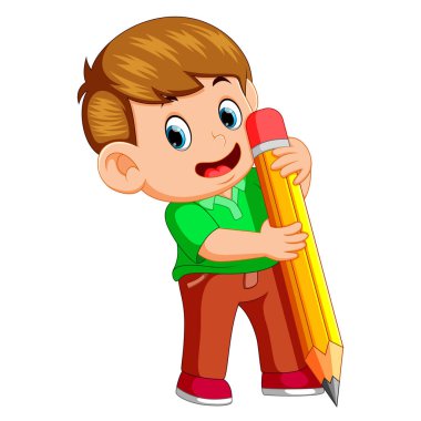 a young boy holding big pencil clipart