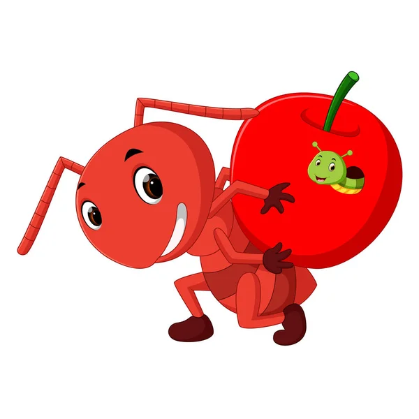 Cartoon Ameisen Halten Apfel Und Raupe Inneren — Stockvektor