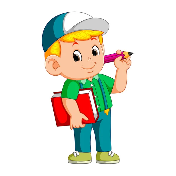 鉛筆を持って 本を運ぶ少年 — ストックベクタ