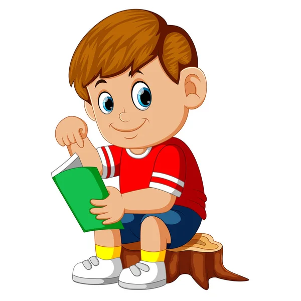 Cute Boy Reading Book Stump — Stock Vector