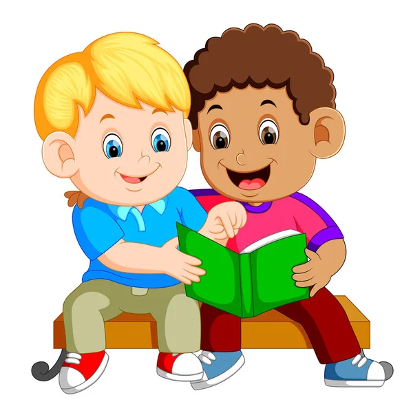 两个男孩在长凳上看书 — 图库矢量图片