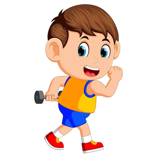 Happy Boy Doing Weightlifting — Stock Vector