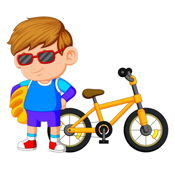 一个男孩站在自行车上 — 图库矢量图片