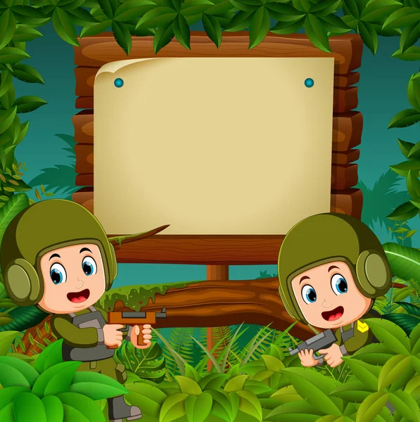 Dva Vojáci Zbraněmi Džungli Dřevěné Vývěsní Štít — Stockový vektor