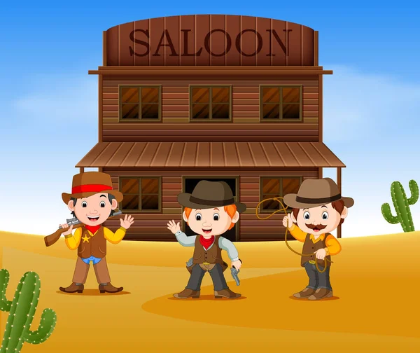 Three Cowboys Holding Gun Standing Saloon — Stock Vector