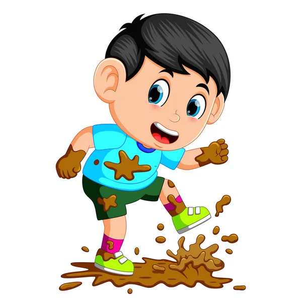 小男孩在泥泞中奔跑 — 图库矢量图片