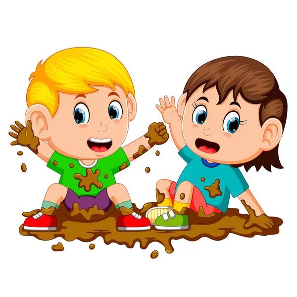 两个孩子在泥地里玩耍 — 图库矢量图片
