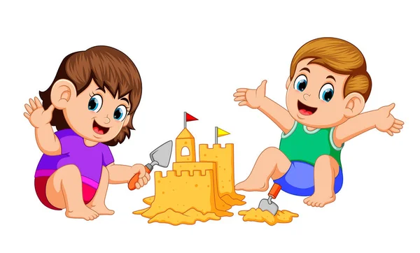 Erkek Kız Plajı Nda Büyük Bir Sandcastle Yapma — Stok Vektör